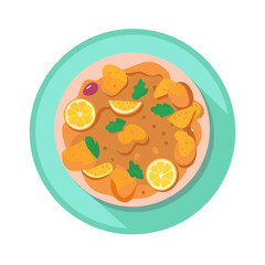 Healthy chicken stew with lemons, herbs on plate
