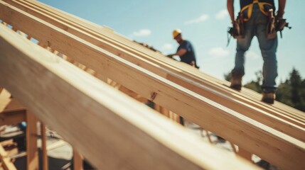 Roofer installing roof trusses at a construction site. Featuring teamwork and precision