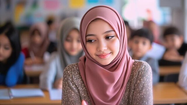 Shy Smiling Woman in Hijab Looking at Camera in Classroom. Video capturing a young woman in a pink hijab with a bashful smile, gazing directly at the camera in a school setting.