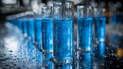 Close-up of several glass test tubes filled with a vibrant blue liquid, arranged on a wet, metallic surface