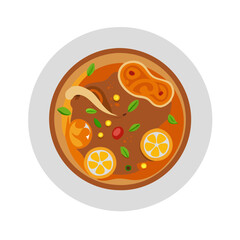 Delicious Tom Yum soup bowl illustration on white plate