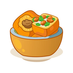 Cartoon Bowl of Stuffed Tofu and Stuffed Pumpkin