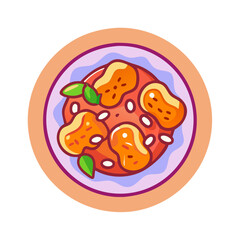 Cartoon gnocchi illustration with tomato sauce and basil leaves