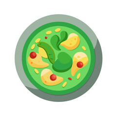Delicious Green Curry Soup Vector Illustration Top View