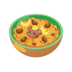 Cartoon dish illustration: Rice, meatballs, bananas, tomato, face