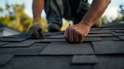 Roofer inspecting roof shingles for damage. Featuring careful inspection and attention to detail