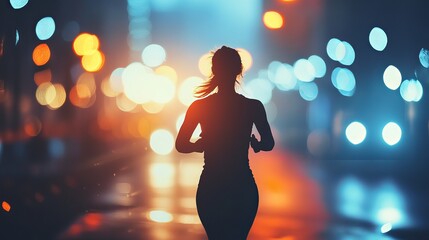 Woman running at night city lights blurred background fitness cardio workout exercise urban lifestyle