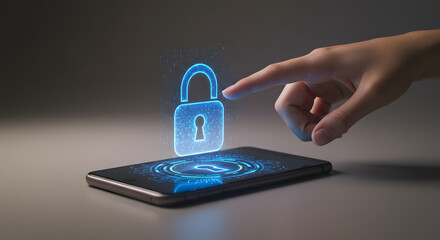 Finger touching digital padlock icon, representing cybersecurity and data protection