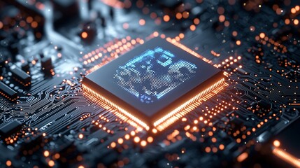 Fototapeta premium Illuminated microchip displaying a global network, nestled within a circuit board