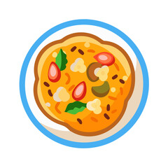 Delicious pizza with toppings on a plate, overhead