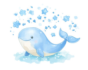 Naklejka premium A cute whale surrounded by stars is depicted in a children's watercolor illustration, presented as isolated clipart with a smooth edge on a transparent background
