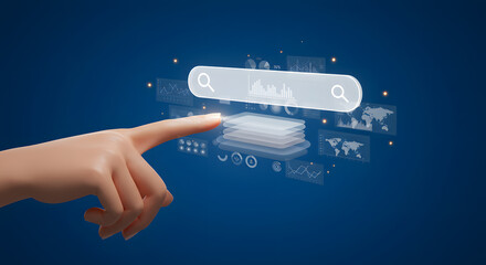 Finger tap on floating search bar icon, data visualizations appear in layers