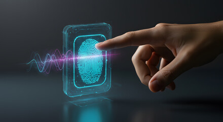 Close-up of hand unlocking holographic biometric lock with fingerprint