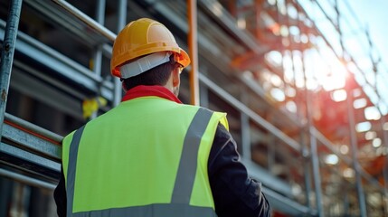 A construction worker inspecting scaffolding for safety. Featuring vigilance and safety