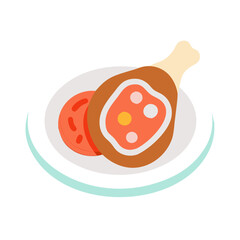 Chicken drumstick and tomato on plate vector illustration