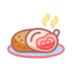 Roasted ham cartoon illustration on a plate steaming