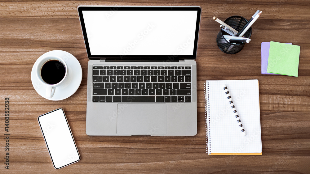 Poster office workplace. flat lay of laptop and cell phone with white monitors for mock up, notebook and co