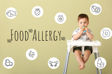 Cute baby and different drawn products on color background. Food allergy