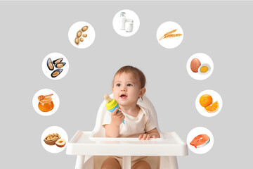 Cute baby and different drawn products on grey background. Food allergy