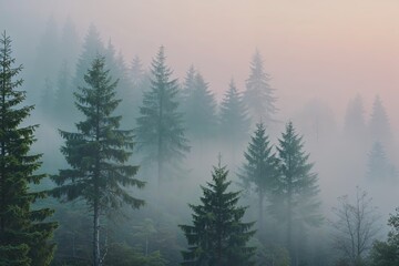 Obraz premium Surreal Hemlock Forest Shrouded in Mist with Soft Horizon Glow