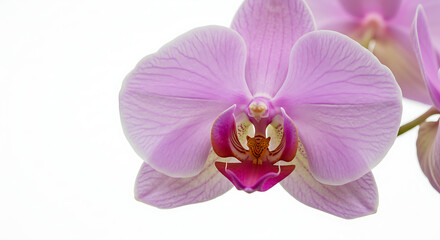 Fototapeta premium Macro photo of a delicate pink orchid bloom, showcasing its intricate patterns and vibrant colors against a clean white background.
