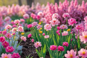 Obraz premium Vibrant Spring Garden Blooms with Colorful Pink Flowers and Lush Nature Backgrounds