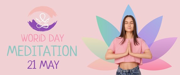 Young woman meditating on pink background. Banner for World Meditation Day
