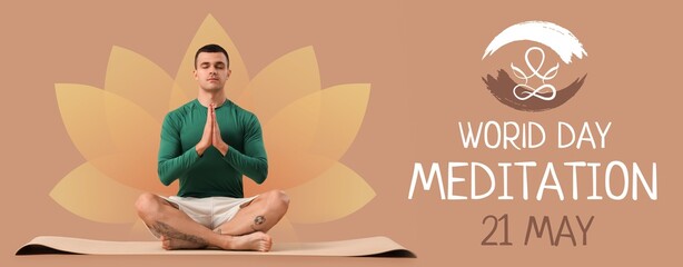 Young man meditating on brown background. Banner for World Meditation Day