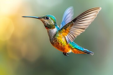 Fototapeta premium Hummingbird hovering wings blurred rapid motion iridescent green and blue feathers shining isolated on a white background