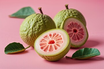 Refreshing Crunchy Guava Halves on Bright Pastel Pink Background Highlighting Their Playful Texture