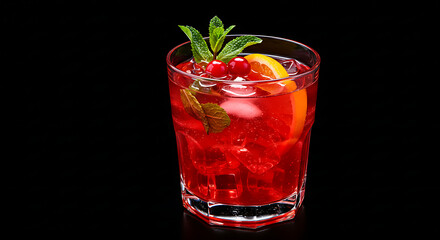 Refreshing cranberry cocktail: vibrant red drink with ice, orange slice, mint garnish, and cranberries against a stark black backdrop.