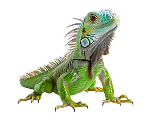 Obraz premium iguana with a long tail and vivid green scales, isolated on a transparent background