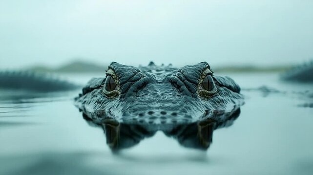 Dramatic close-up of an alligator lurking in murky waters, showcasing its watchful eyes