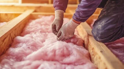 Insulation installer placing fiberglass batts inside a wooden frame. Featuring thermal efficiency and expertise