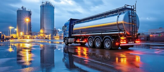 Industrial tanker truck at a nighttime facility.