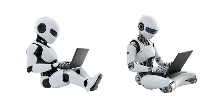 Photograph of an AI robot sitting on the ground with its legs crossed, working on a laptop against a transparent background