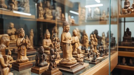 Display of intricately carved wooden buddhist figures in a glass case.