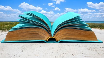 Open book rests on sandy road, bathed in sunlight.
