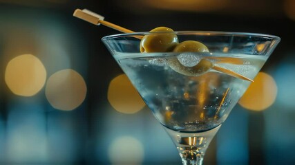 Translucent cocktail glass with golden liquid, melting ice cubes surrounding two skewered olives, creating elegant bokeh blurred background suggesting luxurious bar atmosphere