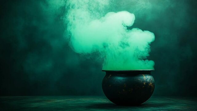 Mystical cauldron bubbling with emerald green vapor, a captivating and magical scene