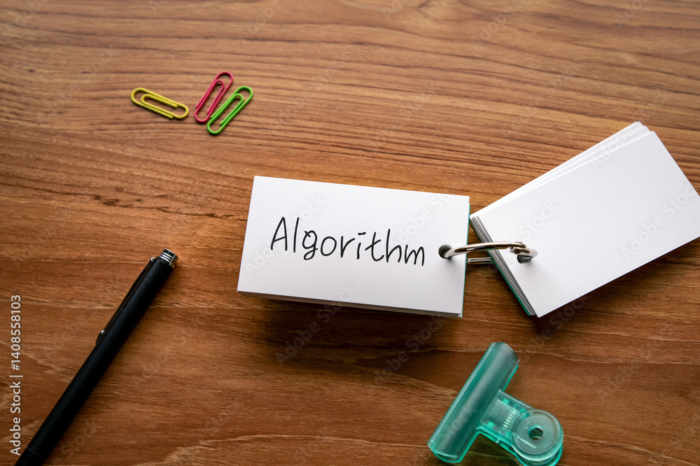 Poster there is word card with the word algorithm. it is as an eye-catching image.