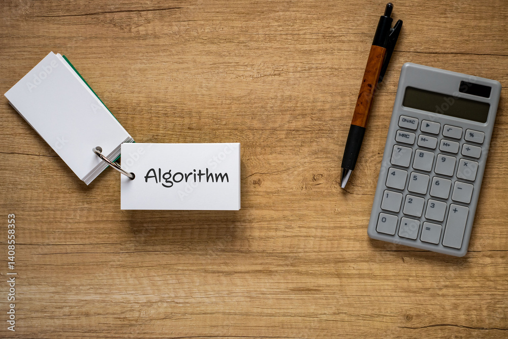 Poster there is word card with the word algorithm. it is as an eye-catching image.