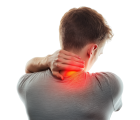 A man with neck pain, holding his back in front of a transparent background.