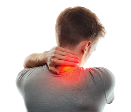 A man with neck pain, holding his back in front of a transparent background.