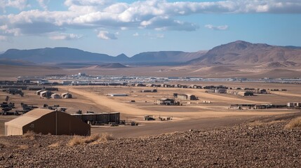 Vast military base nestled in a desert landscape with mountains in the background