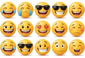 Set of 10 3D cartoon emoji faces with various expressive emotions including joy, laughter, crying, anger, love, silliness.