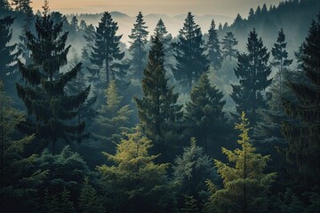 Fototapeta premium Serene Forest Landscape Artistic Depiction of Pine and Cedar Trees in Dusk Setting