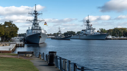 Several naval vessels anchored at a military base on a sunny day