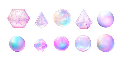 Abstract Digital Illustration of Holographic Gems and Spheres on Black