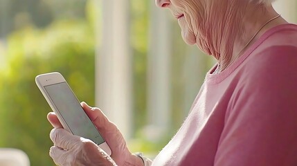 Senior Woman Engaged with Smartphone in Bright Natural Setting